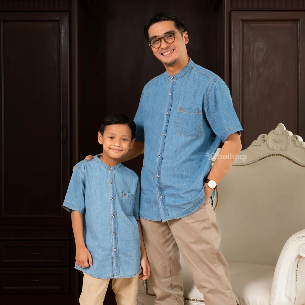 Baihaqi Twin Denim Biru Blitz Kemeja Koko Couple Ayah dan Anak BKAP55A