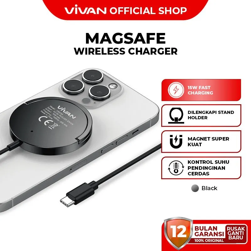 VIVAN Wireless Charger Magsafe Adaptor 15W Stand holder Magnetic Fast Charging VWC04 Original - Garansi 1 Tahun