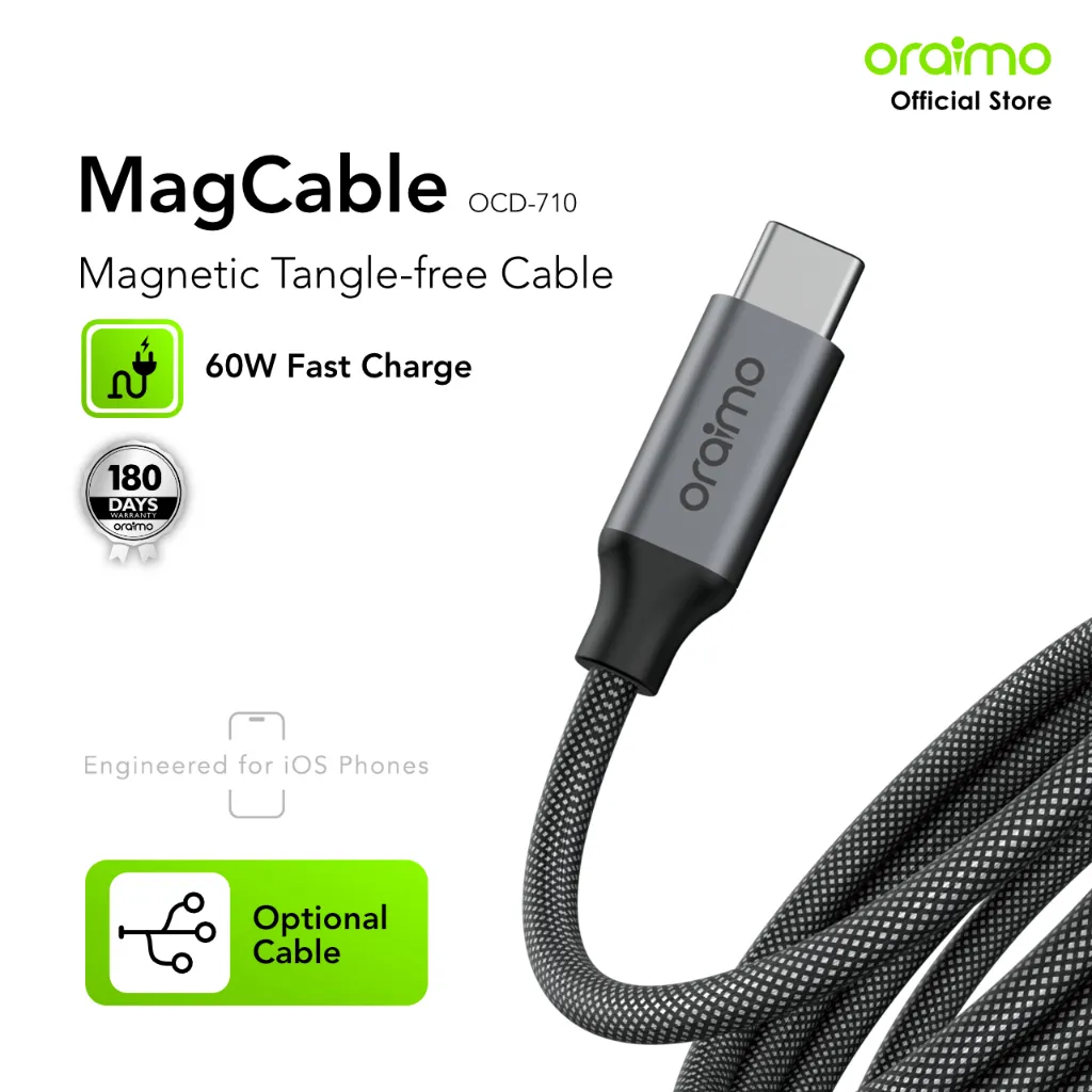 oraimo Magcable OCD-710 Kabel Data Tipe C Lightning 60W 3A Pengisian Cepat Magnetik Anti Kusut 1M Fast Charging Kabel C To C Cas Tipe C Type Magnetic Tangle