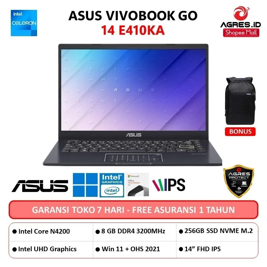 ASUS VIVOBOOK GO 14 E410KA N4500 8GB 512GB W11+OHS 14.0FHD BLIT BLK -FHD429