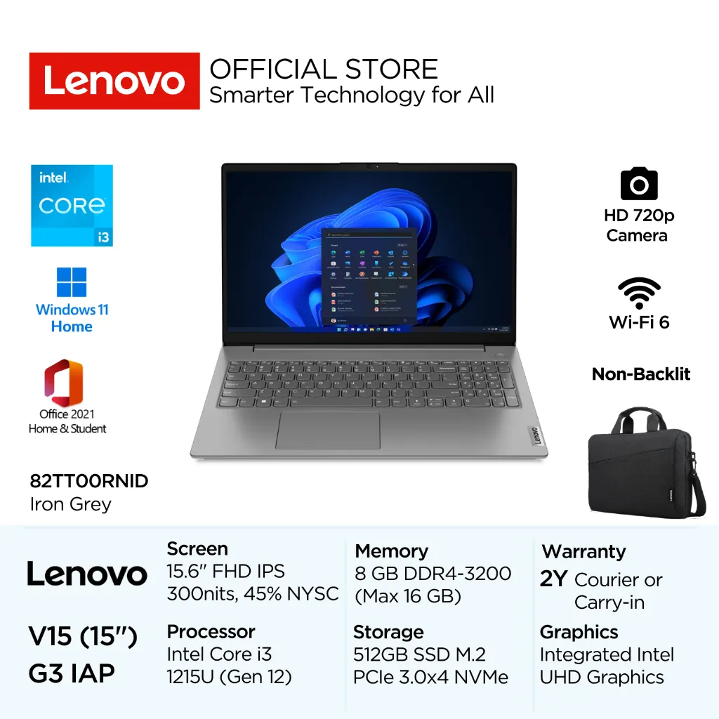 Lenovo V15 Gen 3 IAP RNID Intel Core i3 1215U Win11 Home 8GB Soldered 512GB SSD 15.6" FHD IPS 300nits 45% NTSC Antiglare Integrated UHD 720p Camera OHS MilSpec WiFi6 Laptop Bisnis 14inch 82TT00RNID Iron Grey 2 Tahun Windows Office Gen12