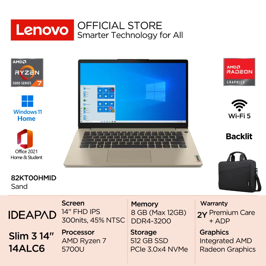 Lenovo IdeaPad Slim 3 14ALC6 AMD Ryzen 7 5700U Win11 8GB 512GB SSD 14" FHD IPS 45% NTSC Integrated Radeon OHS WiFi5 Backlit HMID HNID HPID Laptop Ringan 14inch 82KT00HMID Sand 82KT00HNID Arctic Grey 82KT00HPID Abyss Blue Garansi Resmi Windows Office 2021