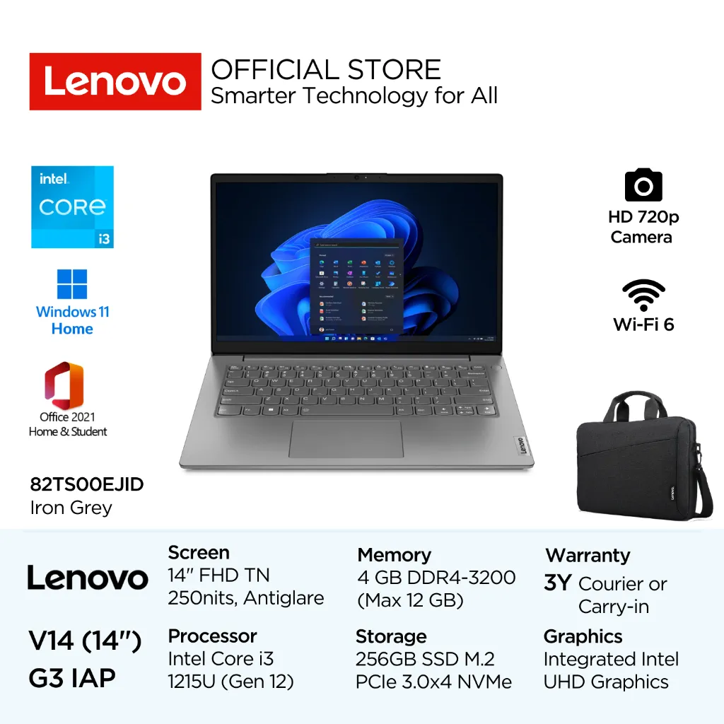 Lenovo V14 Gen 3 IAP EJID Intel Core i3 1215U Win11 Home 4GB Soldered 256GB SSD 14" FHD TN 250nits 45% NTSC Antiglare Integrated UHD F720p Camera OHS MilSpec WiFi6 Laptop Bisnis 14inch 82TS00EJID Iron Grey 3Y Windows Office