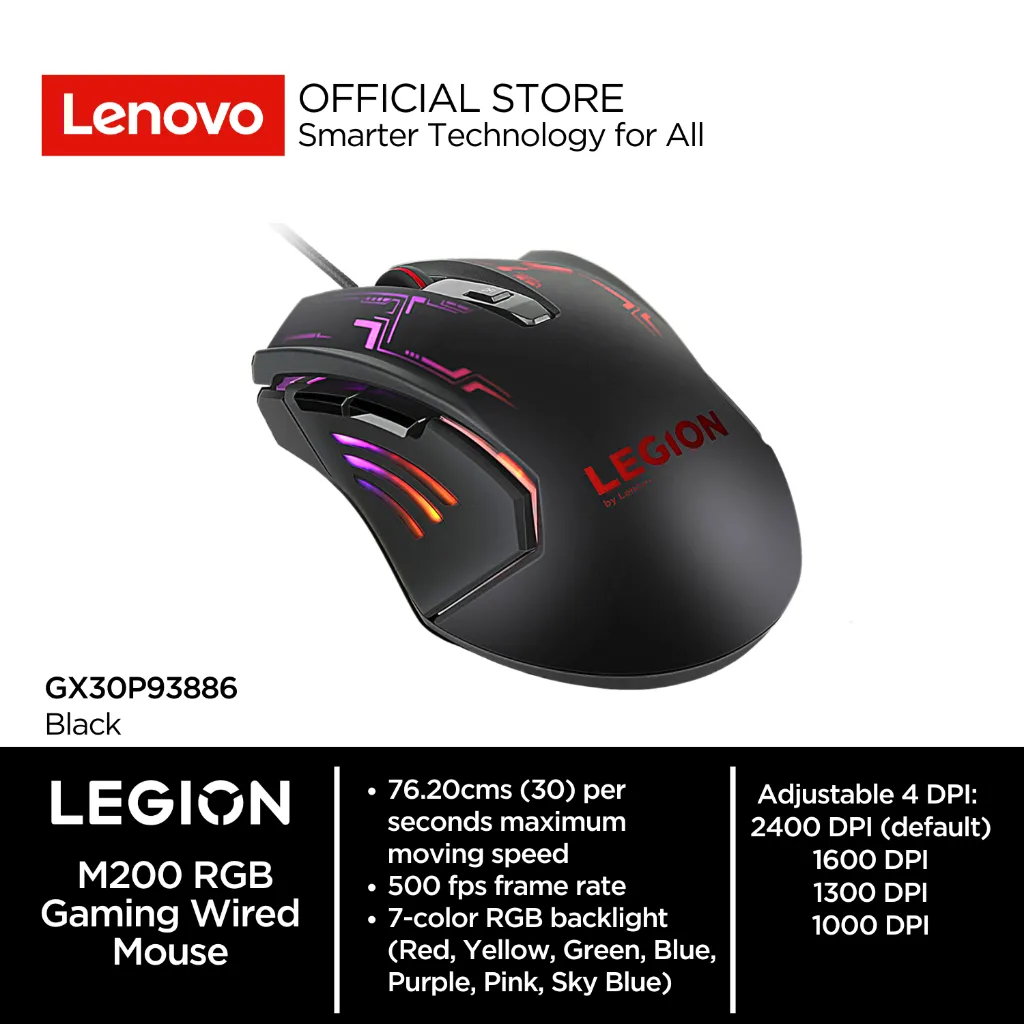 Lenovo Legion M200 RGB Wired Gaming Mouse GX30P93886 4 levels DPI max 2400 DPI