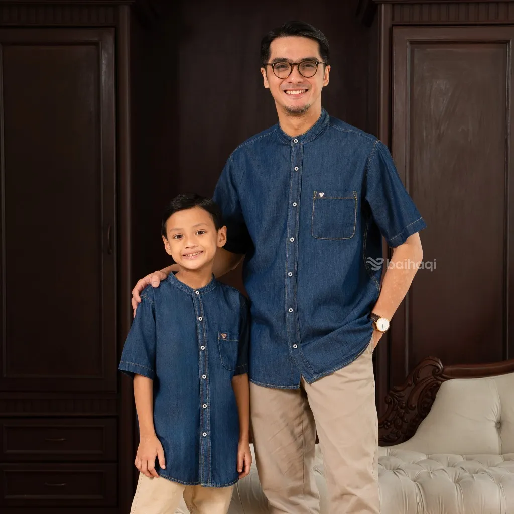 Baihaqi Twin Denim Biru Tua Kemeja Koko Couple Ayah dan Anak BKAP55C