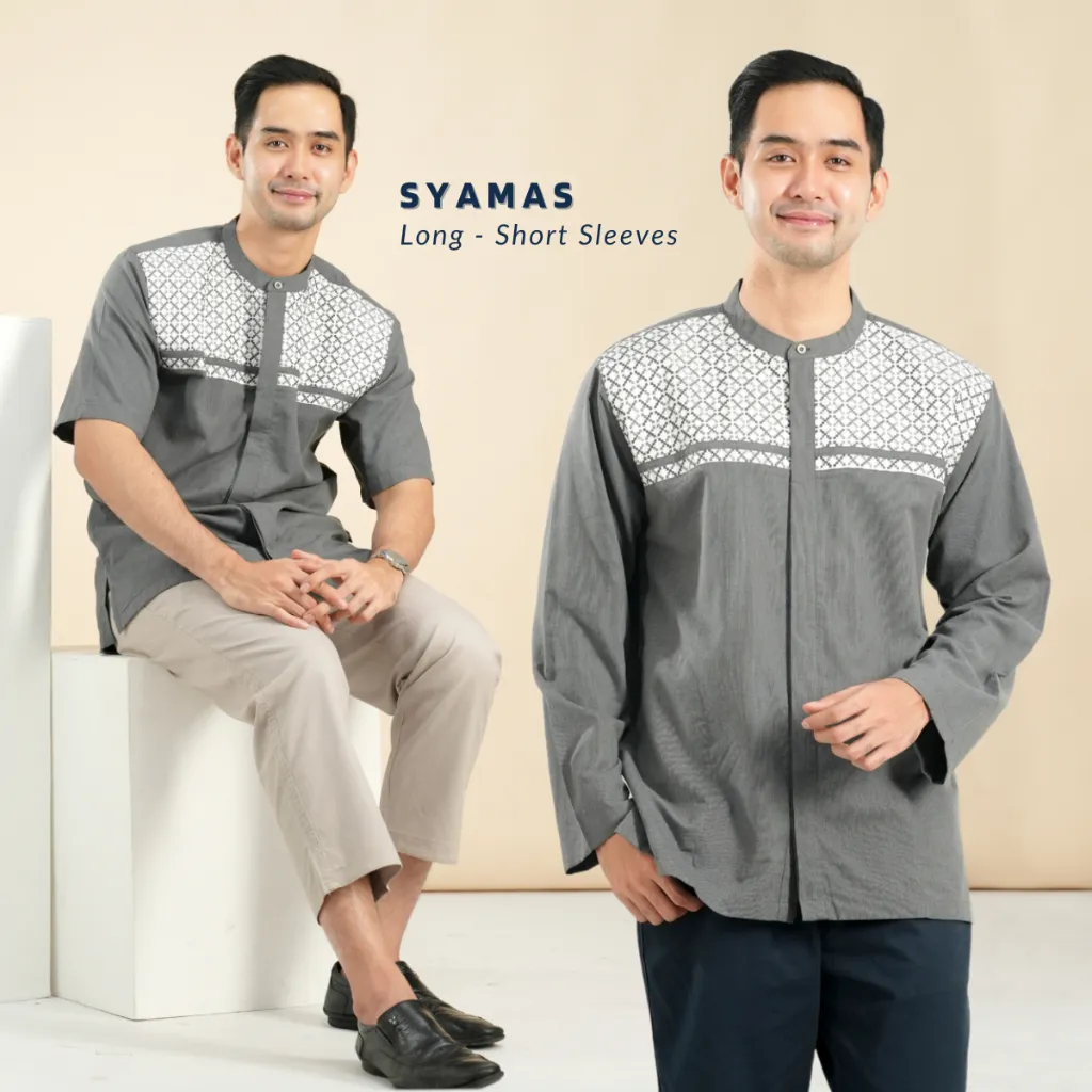 Muslimadani Baju Koko SYAMAS Regular Koko Dewasa Lengan Pendek dan Lengan Panjang Bordir Kemeja Koko Muslimadani