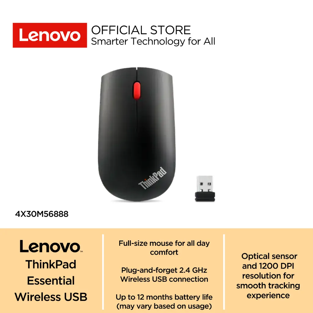Lenovo Mouse ThinkPad Essential Wireless USB Type-A 2.4GHz, 1200 DPI Garansi 1 Year | 4X30M56888 Black