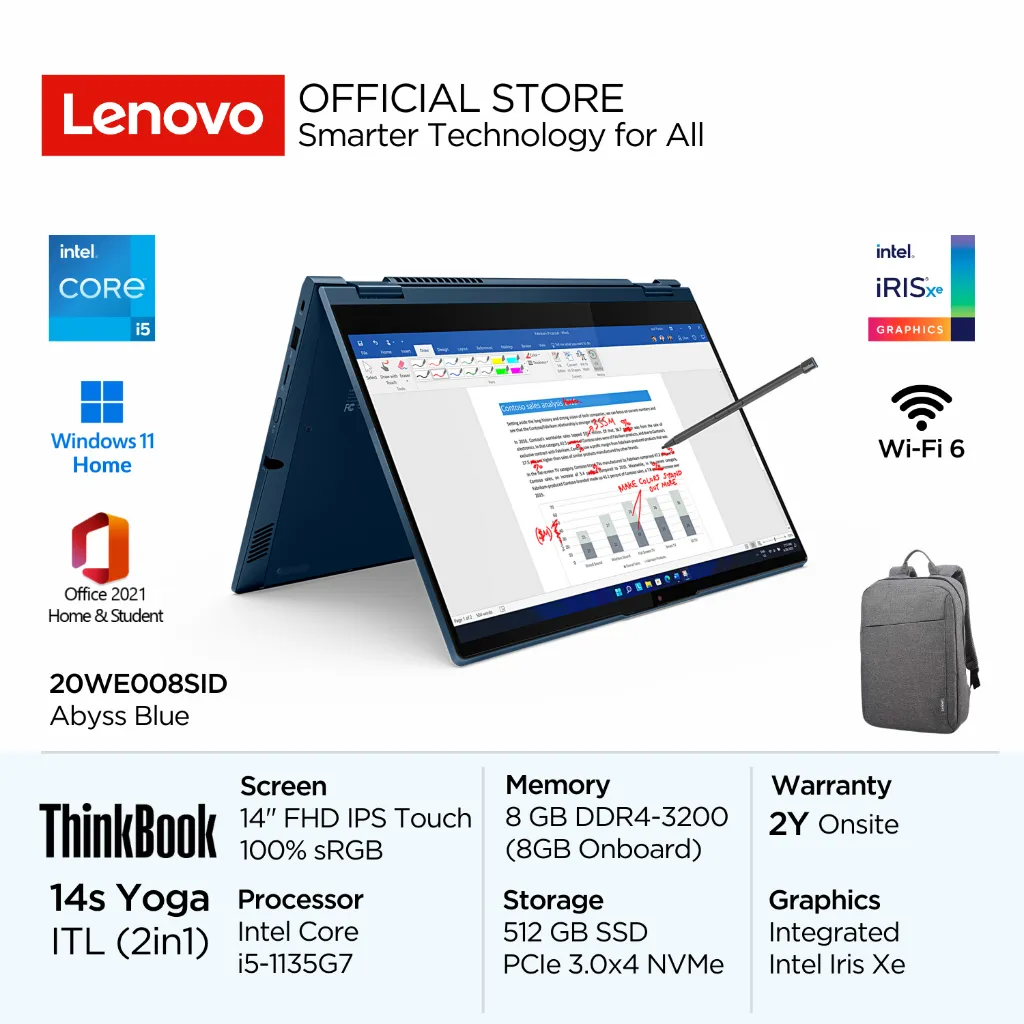 Lenovo 2in1 ThinkBook 14s Yoga ITL OHS Intel Core i5 1135G7 Win11 8GB 512GB SSD 14" FHD IPS 100% sRGB Touch Integrated Iris Xe Pen Backlit Fingerprint Milspec 8SID 8TID Laptop 14inch Touchscreen Convertible 20WE008SID Abyss Blue 20WE008TID Grey Office