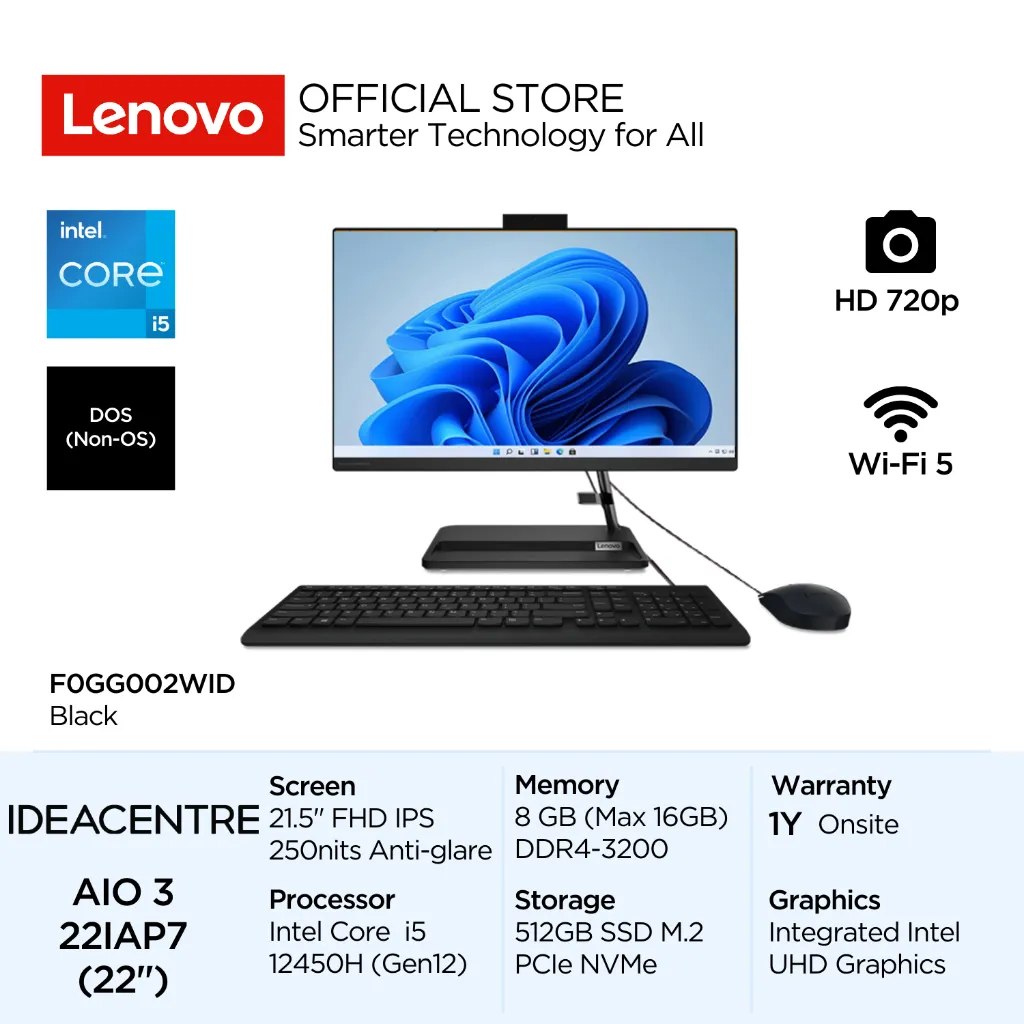 Lenovo PC IdeaCentre AIO 3i 22IAP7 Intel Core i5 12450H DOS 8GB 512GB SSD 21.5" FHD IPS 72% NTSC Antiglare Integrated All-in-One Desktop 720p Camera WiFi5 2WID 2XID 22inch Black F0GG002WID White F0GG002XID Wired Keyboard Mouse Garansi 1 Tahun Onsite Gen12