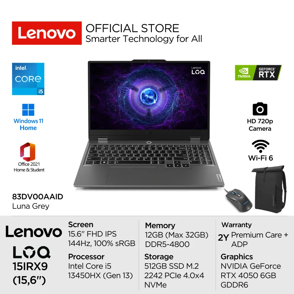 Lenovo LOQ Gaming 15IRX9 AAID Intel Core i5 13450HX Win11 12GB 512GB SSD NVIDIA RTX 4050 6GB 15.6" FHD IPS 100% sRGB 144Hz Antiglare G-Sync OHS 4-Zone RGB Backlit WiFi6 Laptop 15inch Gen13 Content Creator 83DV00AAID Luna Grey Garansi Resmi Windows Office