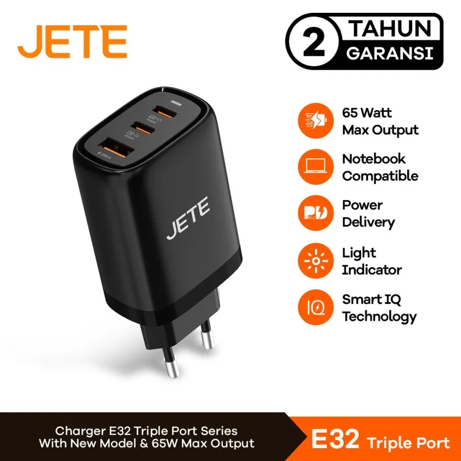 JETE Kepala Charger E32 Adaptor 65W Fast Charging With 3 Port Output USB Type C Travel Size Power Delivery Adapter NEW VERSION