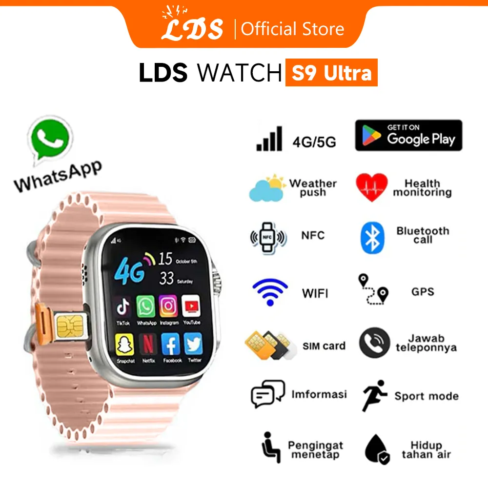 [Bisa hotspot]LDS 4G Smartwatch S9 Ultra Sim Card Wifi 6+64GB PlayStore Bluetooth GPS NFC Full Touch Screen Phone Call IP68 Waterproof Wireless Charge Sport Jam Tangan Wanita Smart Watch Pria Jam Tangan Couple