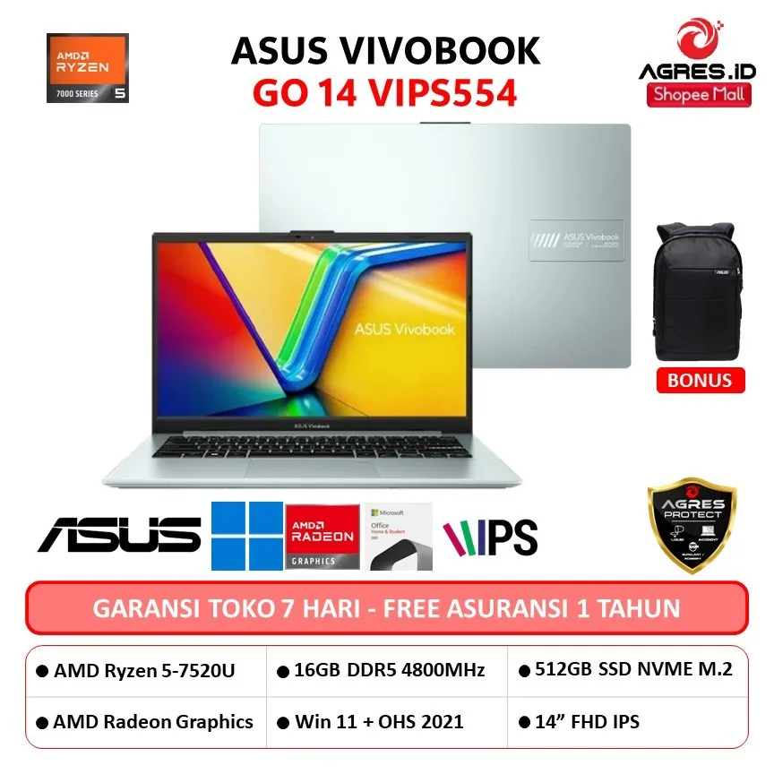 ASUS VIVOBOOK GO 14 E1404FA RYZEN 5 7520 16GB 512GB W11+OHS 14.0FHD IPS SILVER - BLACK - VIPS554