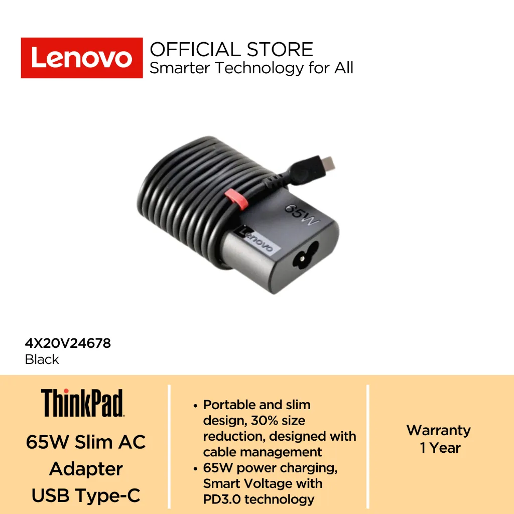Lenovo ThinkPad 65W USB Type-C Slim AC Adapter Charger Laptop 4X20V24678 Black EU/INA/VIE/ROK Garansi Resmi 1 Tahun