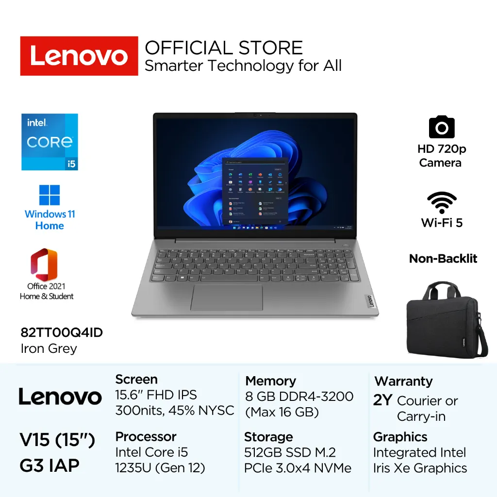 Lenovo V15 Gen 3 IAP Q4ID Intel Core i5 1235U Win11 Home 8GB Soldered 512GB SSD 15.6" FHD IPS 300nits 45% NTSC Antiglare Integrated Iris Xe 720p Camera OHS Milspec WiFi5 Laptop Bisnis 14inch 82TT00Q4ID Iron Grey Garansi Resmi 2 Tahun Windows Office Gen12