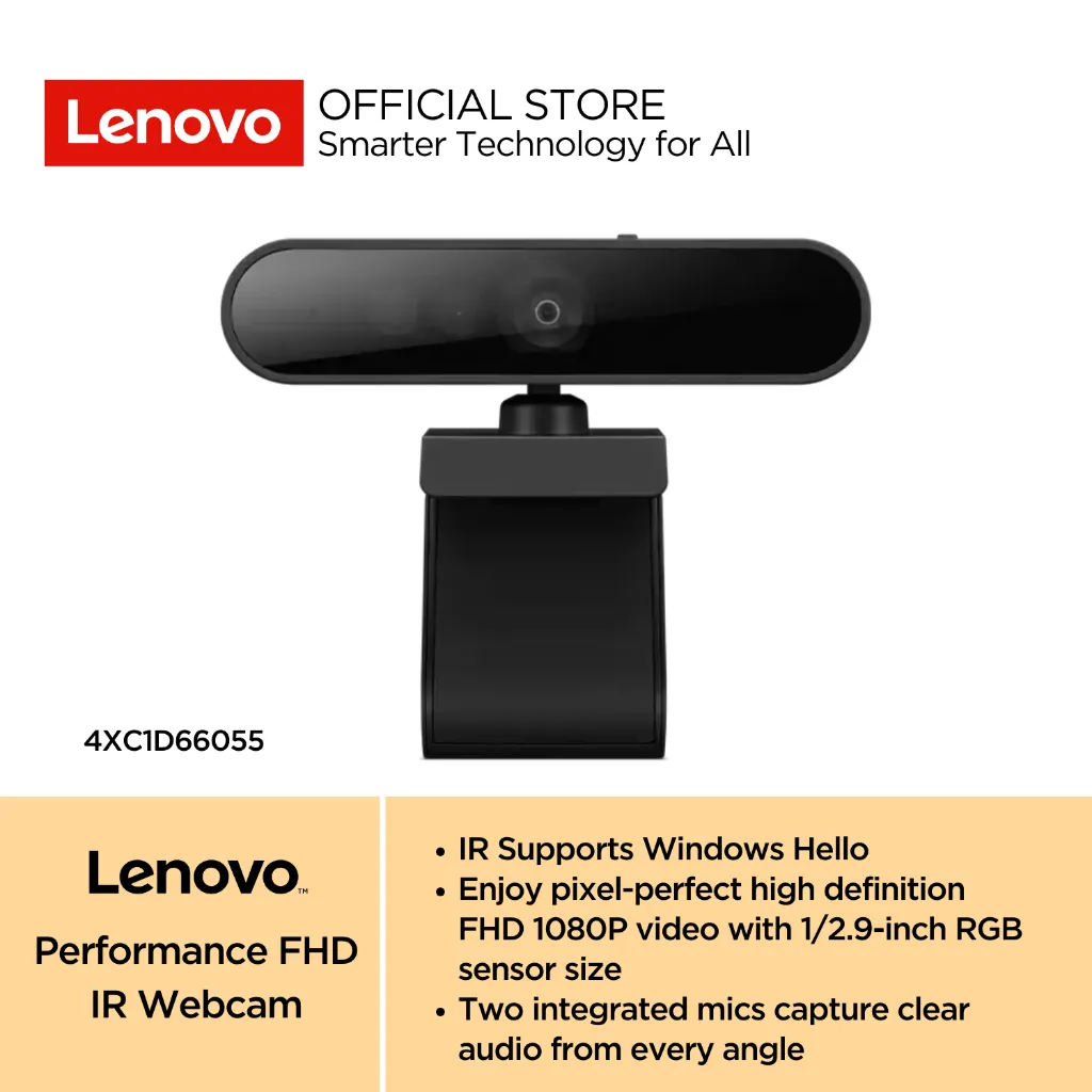 Lenovo Performance FHD IR Webcam 1080p Microphone 4XC1D66055 with Infrared Camera & Privacy Shutter