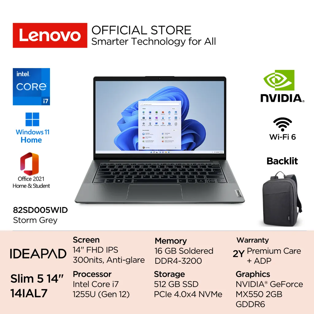 Lenovo IdeaPad Slim 5i 14IAL7 Intel Core i7 1255U Win11 16GB 512GB SSD 14" FHD IPS 300nits 45% NTSC Antiglare NVIDIA MX550 2GB Backlit Fingerprint WiFi6 OHS 5WID 5UID Laptop Gen12 Diskrit Ringan 14inch 82SD005UID Abyss Blue 82SD005WID Storm Grey Office