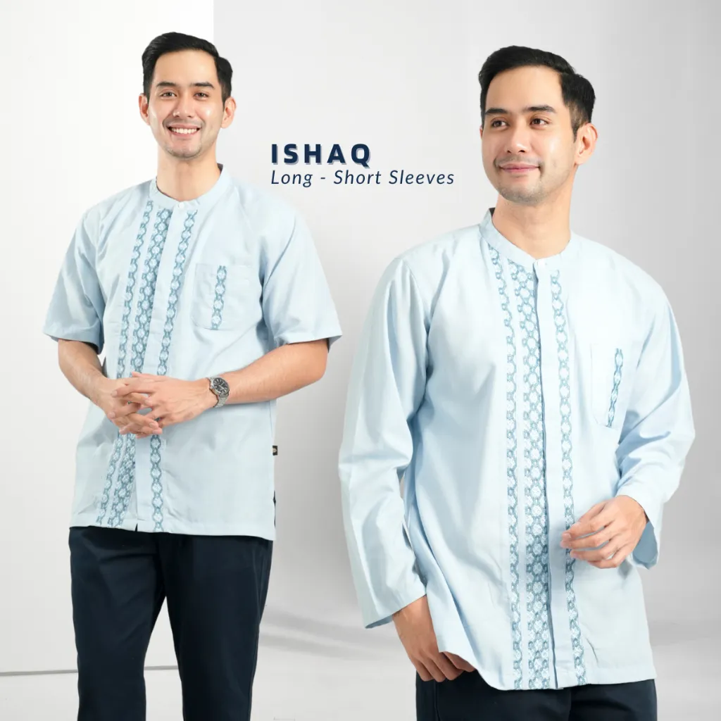 Muslimadani Baju Koko ISHAQ Regular Koko Dewasa Lengan Pendek dan Lengan Panjang Bordir Kemeja Koko Muslimadani