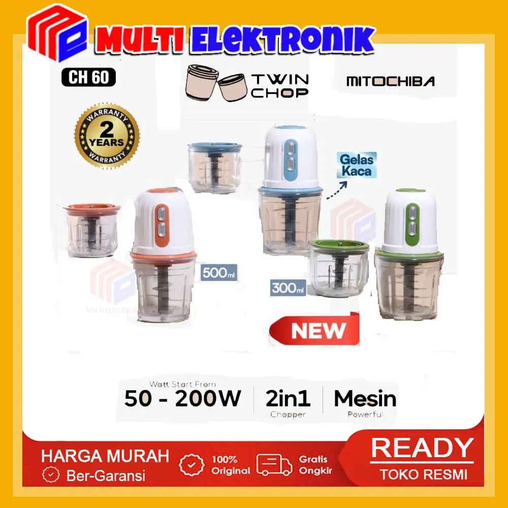 Mitochiba Food Chopper CH60 / CH-60 Twinchop Kapasitas 500ml - Alat Penggiling dan Penghalus Bumbu