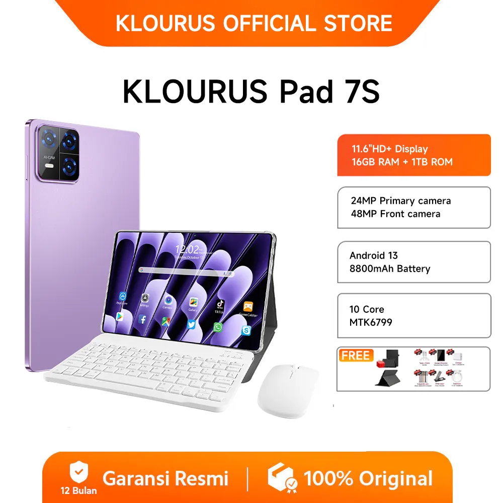 KLOURUS Tablet Pad 7s (16GB + 1024GB) | IPS 11.6" | Tablet Murah untuk Belajar,Gaming, Kerja & Hiburan | 5G Dual SIM, WiFi Tablet Anak Android, Kamera 48MP | Kapasitas baterai besar 8800mAh[KLOURUS Official Store]​