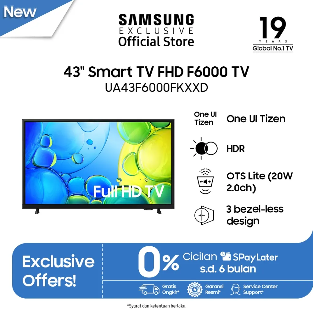 Samsung 43" FHD F6000 TV | HDR | OTS Lite | One UI Tizen | UA43F6000FKXXD