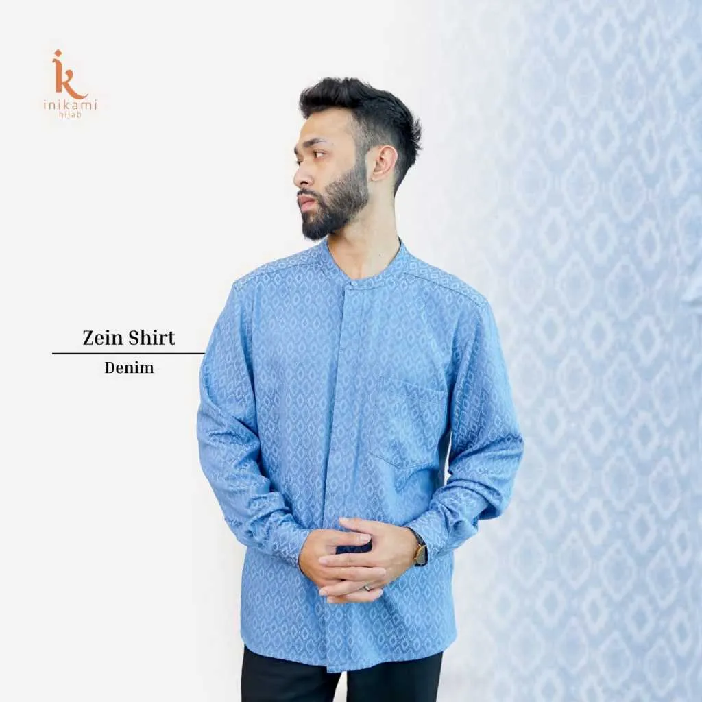 IniKami - Kemko Pria warna Denim - Kemeja Koko KEMKO Kemeja Pria Kerah Sanghai Lengan panjang Kancing Tertutup