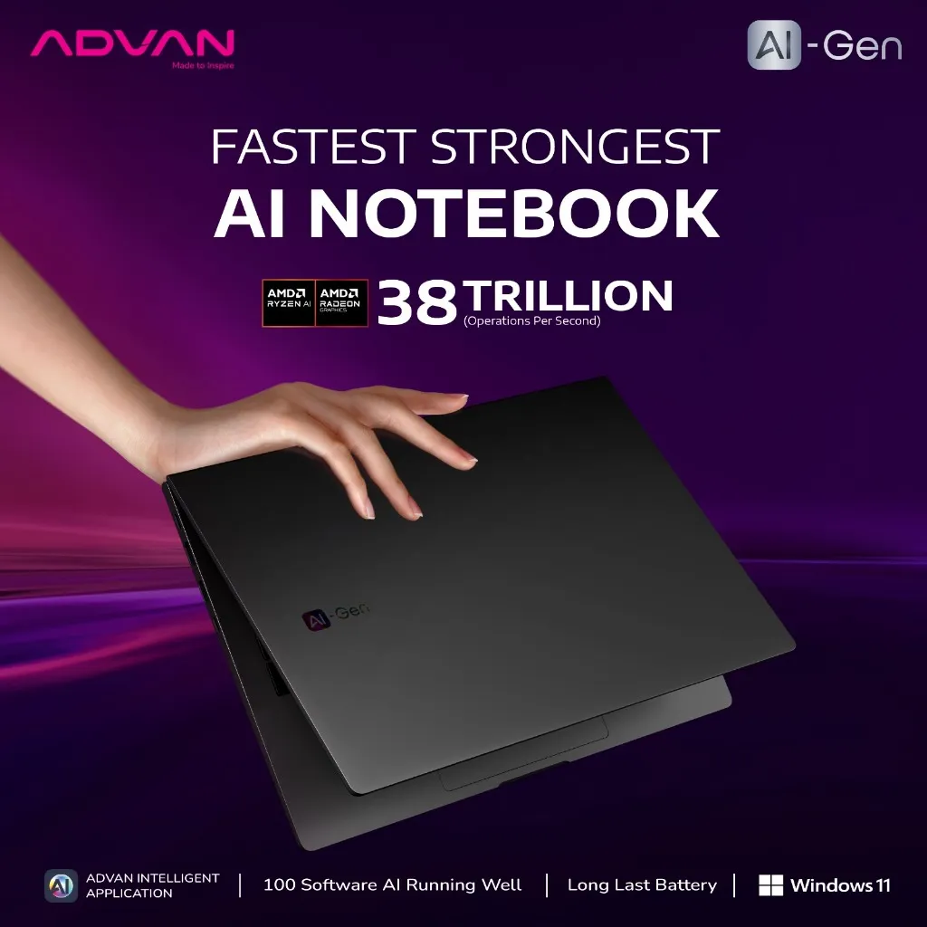 ADVAN Laptop Ai Gen Ryzen 7 8845HS AMD Ryzen AI IPS 100% sRGB 16GB 512GB Windows 11 HD716S05A