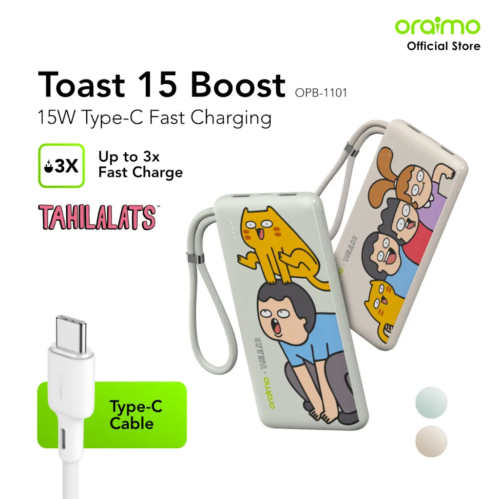 oraimo x Tahilalats Powerbank Toast 15 Boost OPB-1101 Fast Charging Charger Power Bank 10.000mAh 15W Fast Charging Type C Cute Pastel Colors