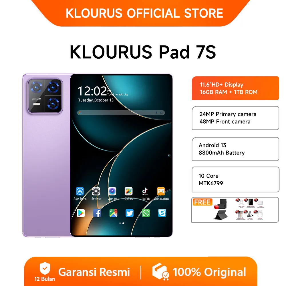 KLOURUS Tablet Pad 7s (16GB + 256GB) | IPS 11.6" | Tablet Murah untuk Belajar,Gaming, Kerja & Hiburan | 5G Dual SIM, WiFi Tablet Anak Android, Kamera 48MP | Kapasitas baterai besar 8800mAh[KLOURUS Official Store]​
