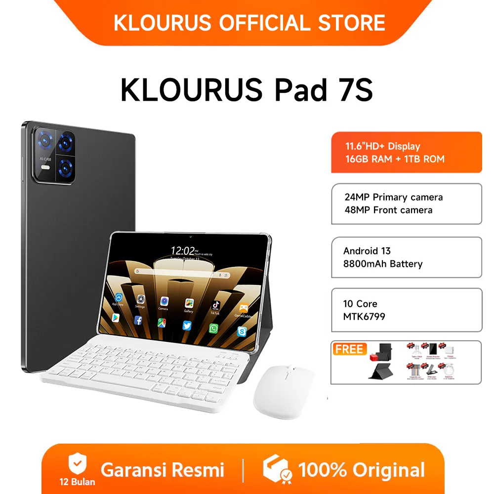 KLOURUS Tablet Pad 7s (16GB + 256GB) | IPS 11.6" | Tablet Murah untuk Belajar,Gaming, Kerja & Hiburan | 5G Dual SIM, WiFi Tablet Anak Android, Kamera 48MP | Kapasitas baterai besar 8800mAh[KLOURUS Official Store]​