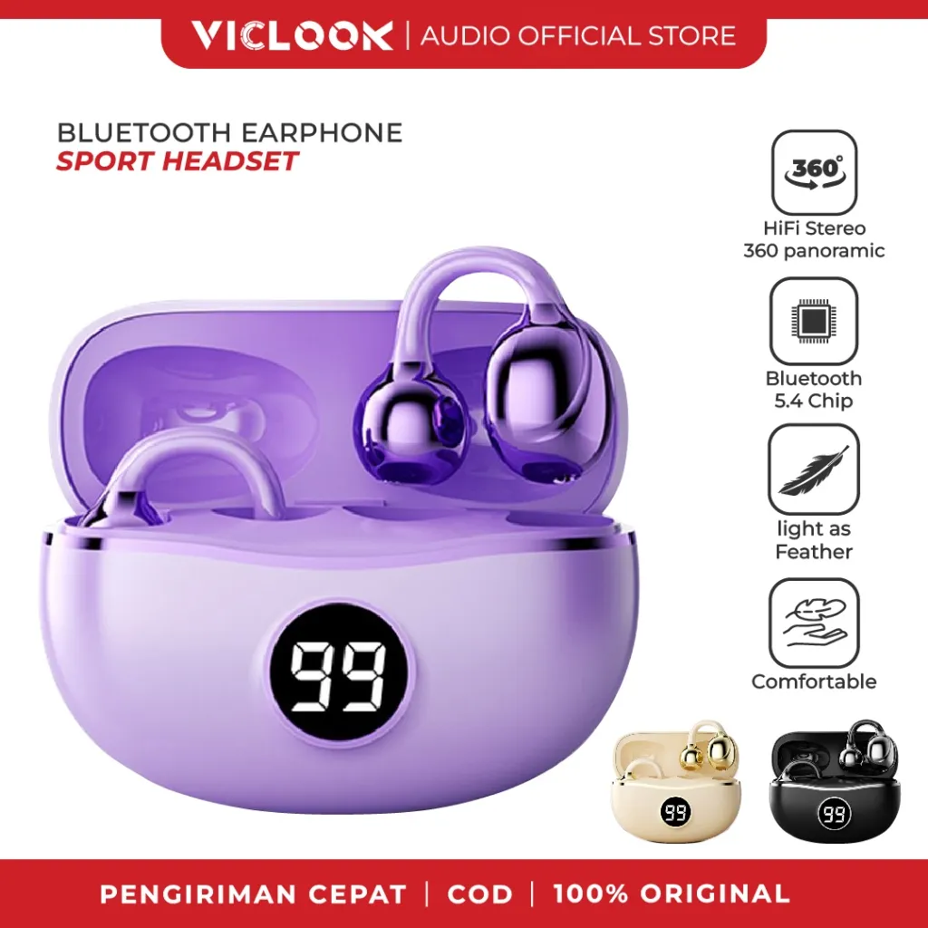 VICLOOK Ear Clip Headset Bluetooth 5.4 Earphone Bone Conduction Waterproof Sports