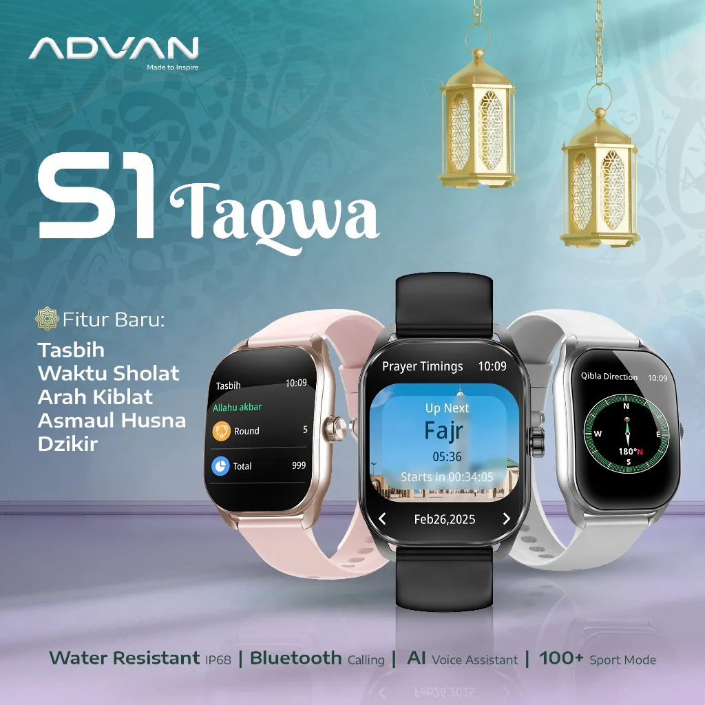 ADVAN Smartwatch S1 Taqwa – Fitur Islami IPS 2.01” Ai Voice Bluetooth Calls 100+ Sports Modes Long-lasting Battery