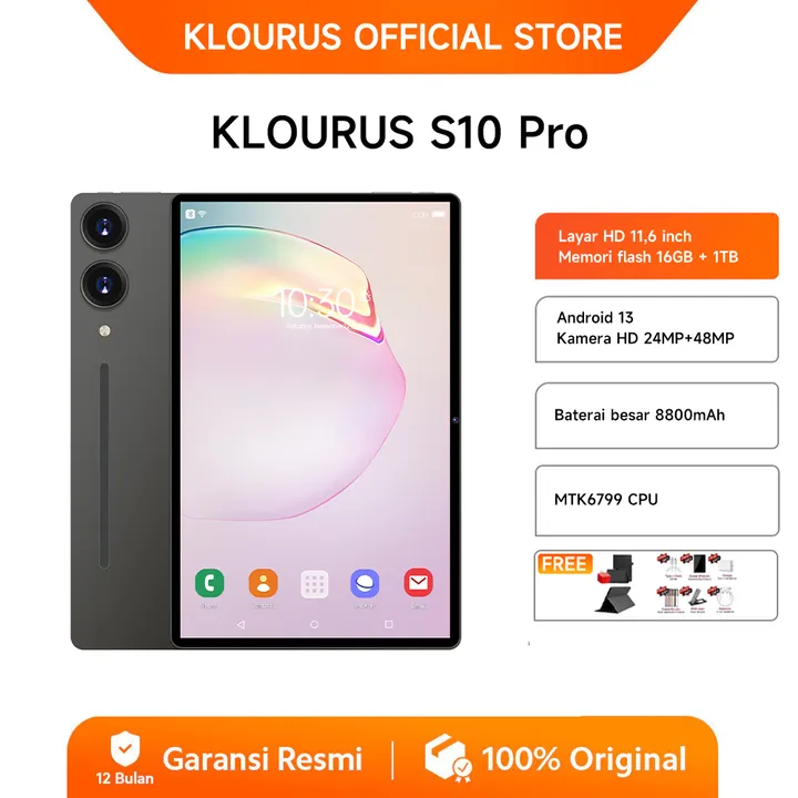 KLOURUS Tablet S10 Pro (16GB + 512GB) | IPS 11.6" | Tablet Murah untuk Belajar,Gaming, Kerja & Hiburan | 5G Dual SIM, WiFi Tablet Anak Android, Kamera 48MP | Kapasitas baterai besar 8800mAh[KLOURUS Official Store]​