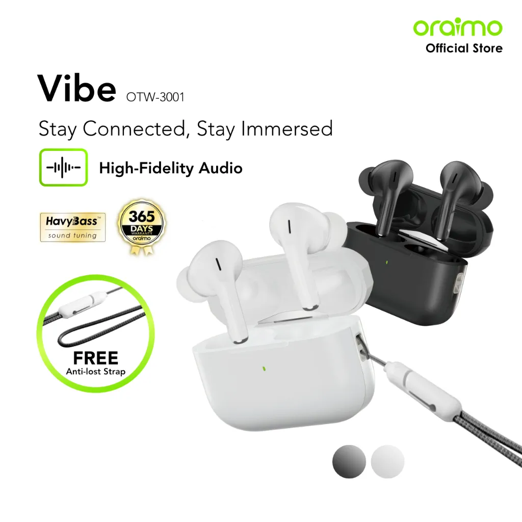 oraimo Vibe OTW-3001 Earphone V5.2 Bluetooth Stereo Nirkabel Bass Havy Hitam Earphone TWS Bluetooth Gaming Full Bass True Wireless Design Black