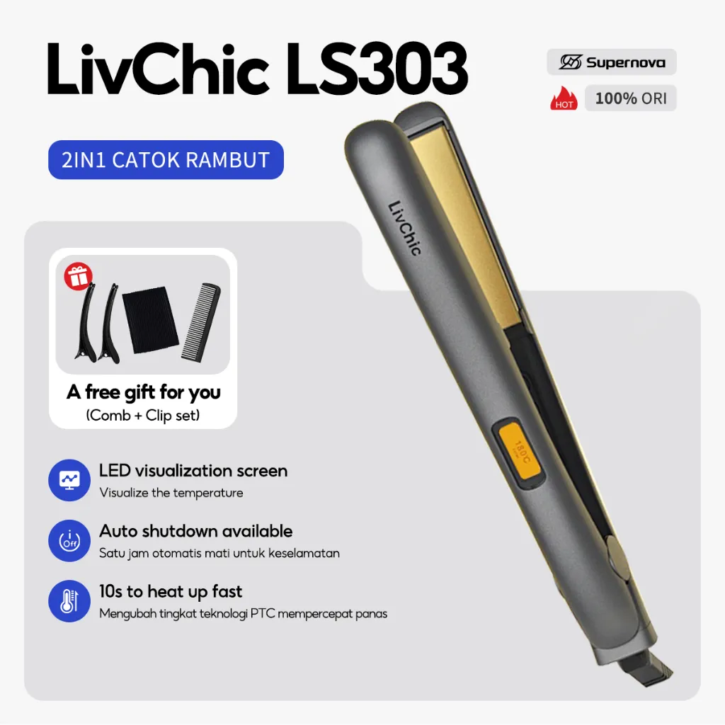 Supernova x LivChic LS303 2IN1 Catok Rambut untuk Meluruskan dan Keriting Ringan Alat pengeriting