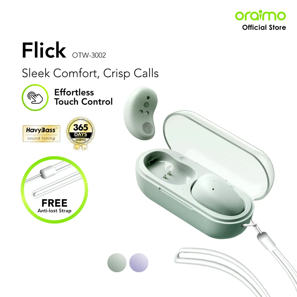oraimo TWS Mini Earphone Bluetooth Stereo Flick OTW-3002 6 Hours Playtime Tahan Air Tahan Air ENC Headset Mikrofon Bass Berat Earphone Headphone Earphone TWS Bluetooth True Wireless Waterproof Lightweight