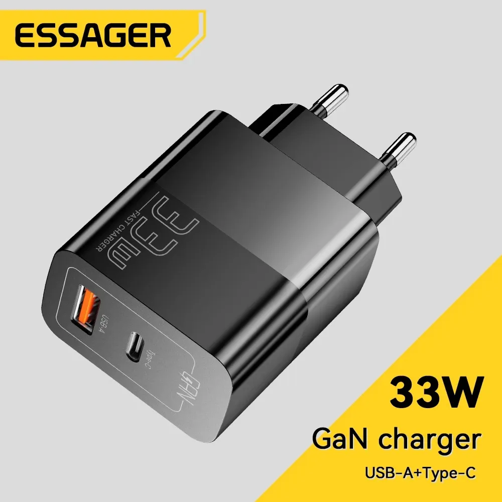 ESSAGER Adaptor GaN Usb A & Type C Dual Output PD Fast Charger 33W For Android iPhone iPad Air Pro