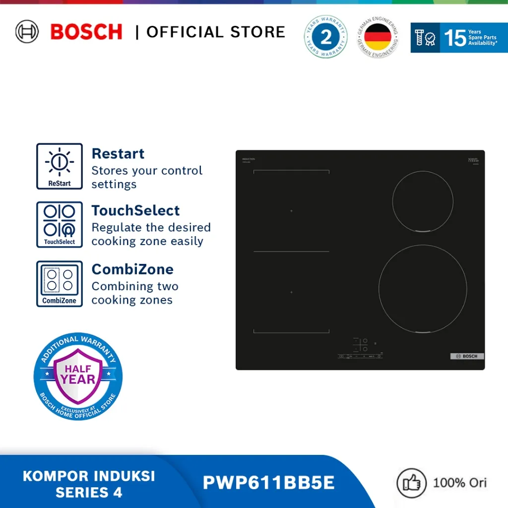 Bosch PWP611BB5E Induction Hob / Kompor Induksi Hitam Series 4 | 60 cm