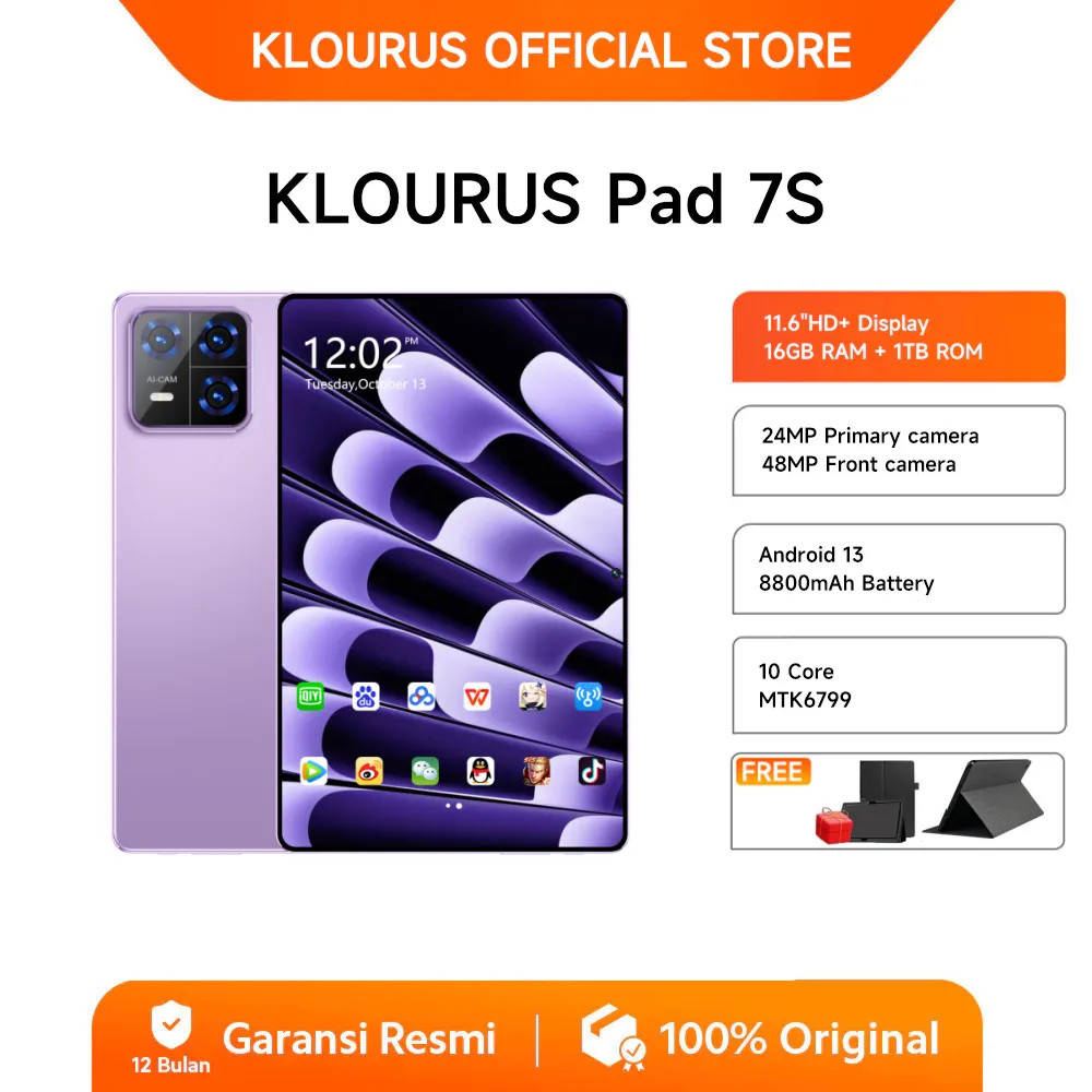 KLOURUS Tablet Pad 7s (16GB + 1024GB) | IPS 11.6" | Tablet Murah untuk Belajar,Gaming, Kerja & Hiburan | 5G Dual SIM, WiFi Tablet Anak Android, Kamera 48MP | Kapasitas baterai besar 8800mAh[KLOURUS Official Store]​