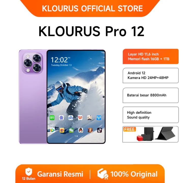​​KLOURUS Tablet Pro12 (16GB + 512GB) | IPS 11.6" | Tablet Murah untuk Belajar,Gaming, Kerja & Hiburan | 5G Dual SIM, WiFi Tablet Anak Android, Kamera 48MP | Kapasitas baterai besar 8800 mAh [KLOURUS Official Store]​