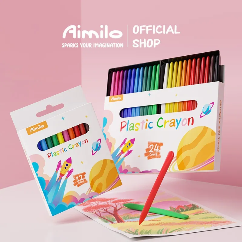 Aimilo Crayon Set 12/24 Warna Krayon Plastik Crayon Anti Air Dan Anti Patah Anti Kotor Tidak Beracun