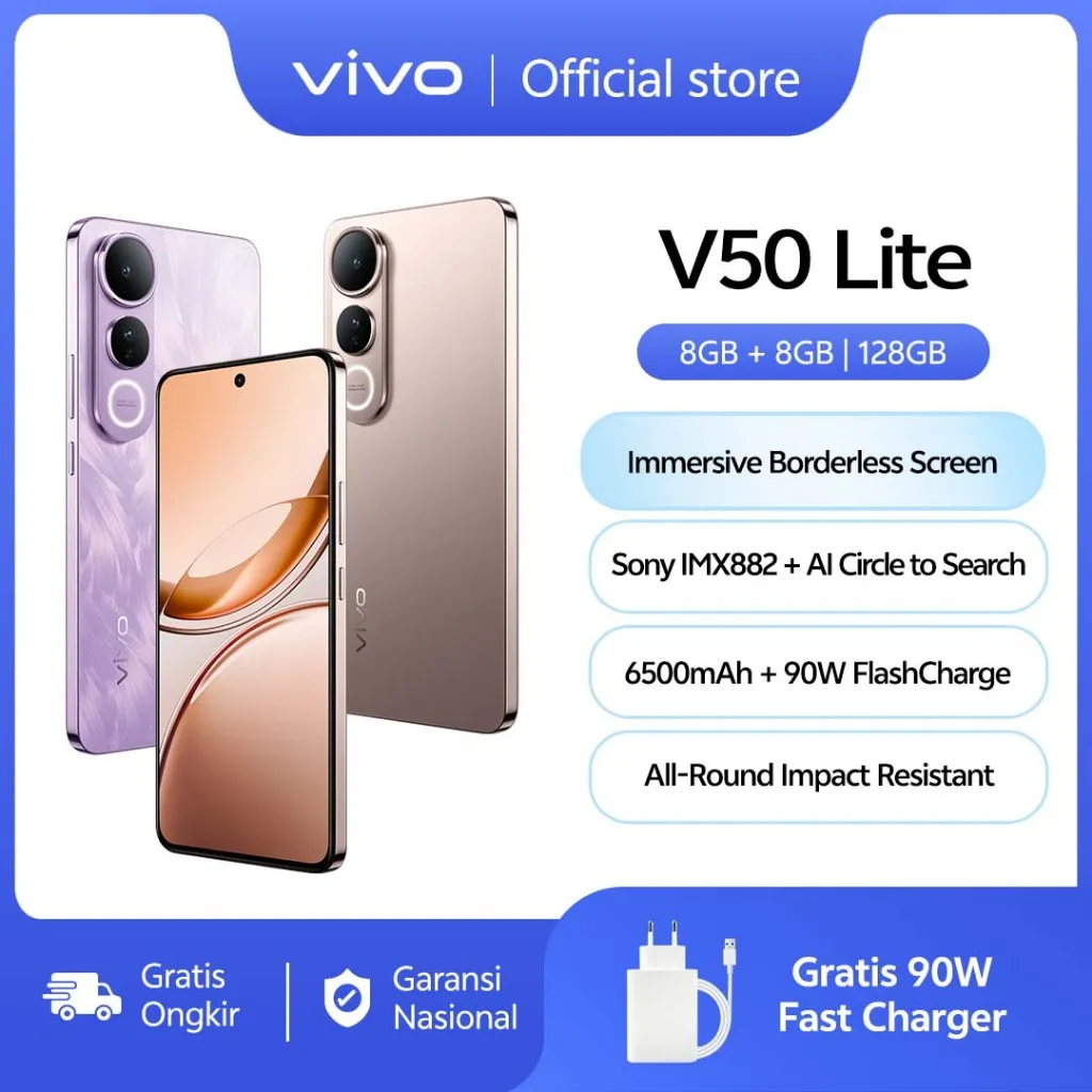 [NEW LAUNCH] vivo V50 Lite 4G (8/128) Borderless Immersive Screen, Sony IMX882, 6500mAh Battery+90W Flashcharge, AI Erase 2.0, All-round Impact Resistance