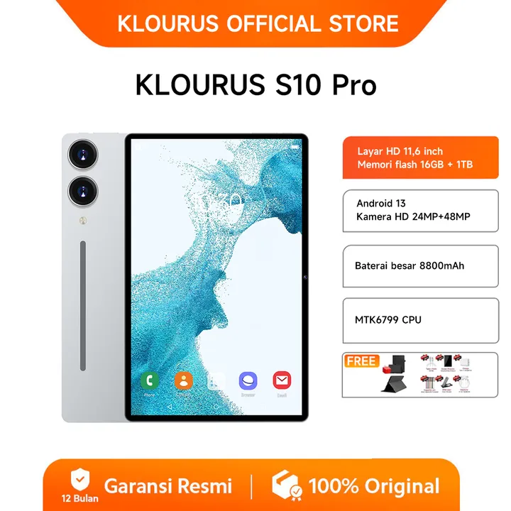 KLOURUS Tablet S10 Pro (16GB + 256GB) | IPS 11.6" | Tablet Murah untuk Belajar,Gaming, Kerja & Hiburan | 5G Dual SIM, WiFi Tablet Anak Android, Kamera 48MP | Kapasitas baterai besar 8800mAh[KLOURUS Official Store]​