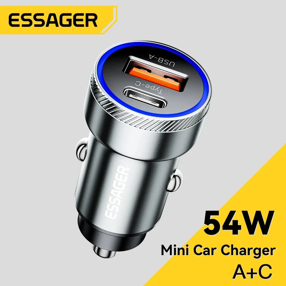 Essager Car Charger Mobil Dual Port USB A & Type C Fast Charging PD 54W 12-24V For Android iPhone