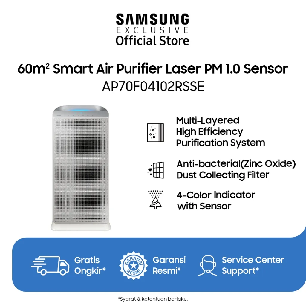 Samsung Smart Air Purifier 60m2 - Laser PM 1.0 Sensor | Easy Filter | Slim Design | AP70F06103RGSE
