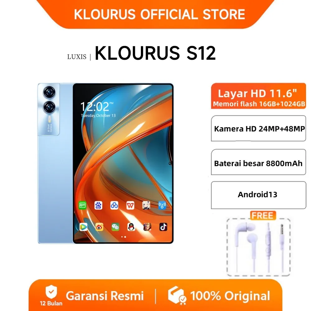 KLOURUS Tablet S12 (16GB + 1024GB) | IPS 11.6" | Tablet Murah untuk Belajar,Gaming, Kerja & Hiburan | 5G Dual SIM, WiFi Tablet Anak Android, Kamera 48MP | Kapasitas baterai besar 8800 mAh [KLOURUS Official Store]​