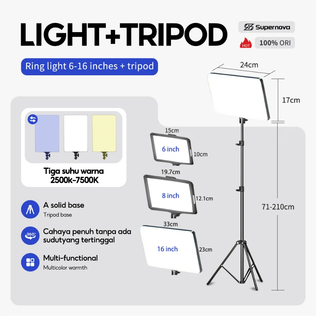 Supernova Lampu Foto 11inci / 16inci / 6 inci Led Lampu Lighting Lampu Sorot Lighting Studio+2.1m Tripod Lampu Konten Kreator Lighting Studio Lampu Live Vlog