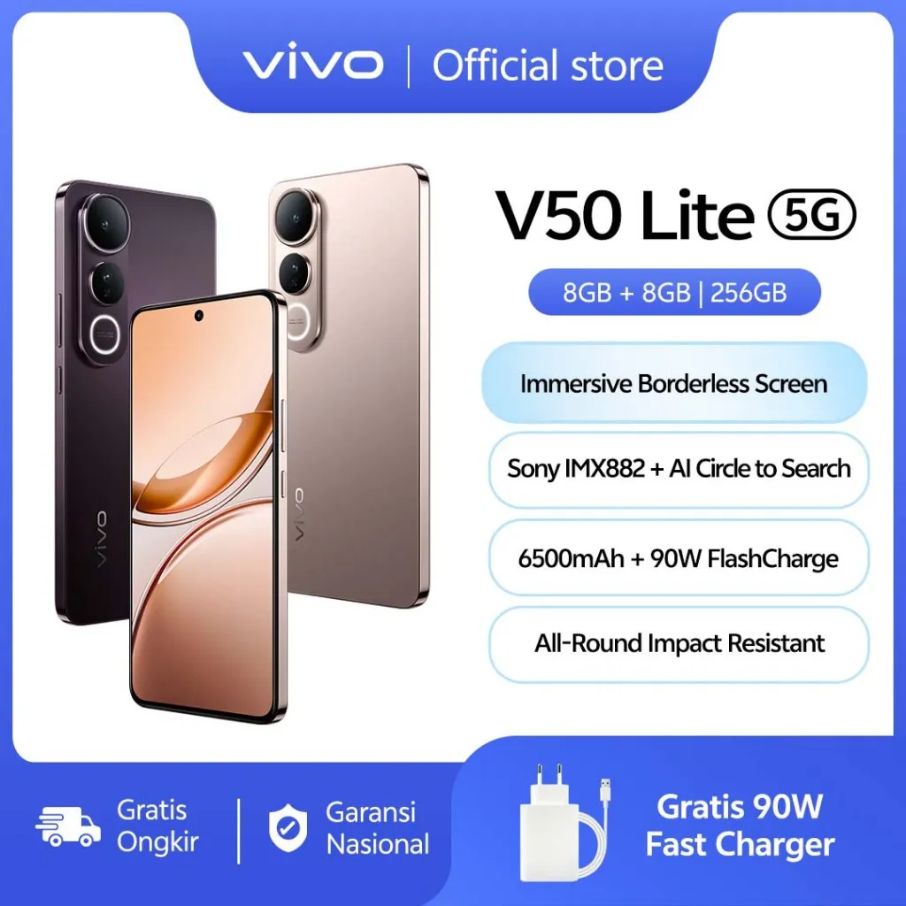 [NEW LAUNCH] vivo V50 Lite 5G (8/256) Borderless Immersive Screen, Sony IMX882, 6500mAh Battery+90W Flashcharge, AI Erase 2.0, All-round Impact Resistance