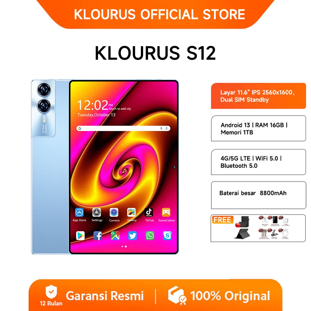 [Free ​​Tab Case] ​​KLOURUS Tablet S12 (16GB + 256GB) | IPS 11.6" | Tablet Murah untuk Belajar,Gaming, Kerja & Hiburan | 5G Dual SIM, WiFi Tablet Anak Android, Kamera 48MP | Kapasitas baterai besar 8800 mAh [KLOURUS Official Store]​