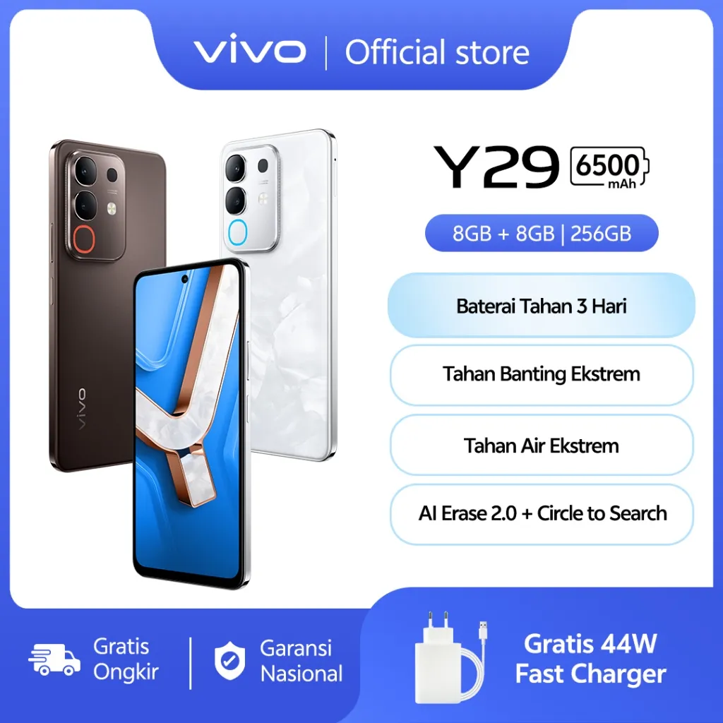 vivo Y29 (8/256) - Design Marmer Eksklusif, 6500mAh Tahan 3 Hari, Tahan Banting Ekstrem, AI Erase 2.0 + AI Circle to Search